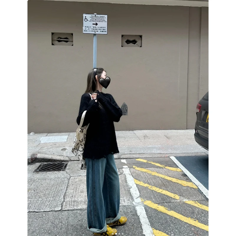 复古宽松慵懒风软糯破洞毛衣女针织套头个性穿搭高腰直筒牛仔裤子