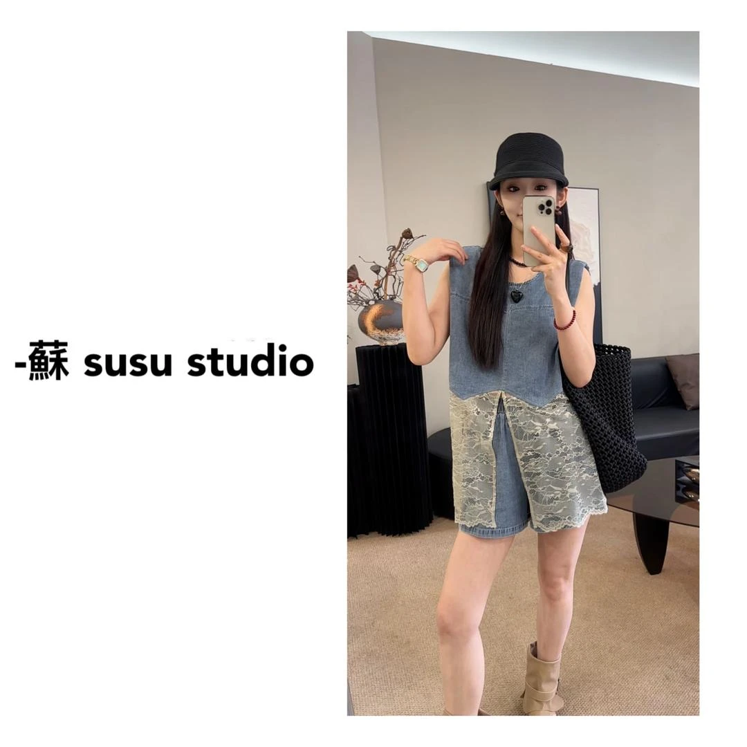 2025年夏季新款蕾丝拼接牛仔套装女圆领无袖上衣短裤两件套318