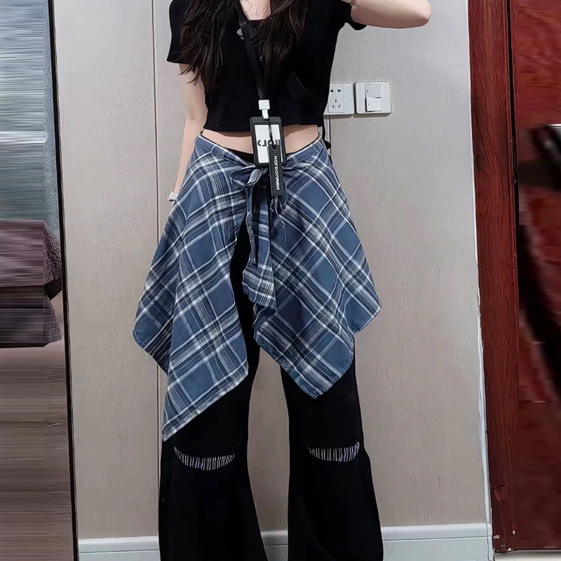 格子裙摆遮屁帘一片式小屁帘女叠穿下摆配裤子腰带腰链高街街舞男