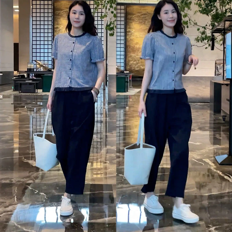 夏装搭配一整套时尚复古下摆花边衬衫休闲阔腿裤百搭气质两件套