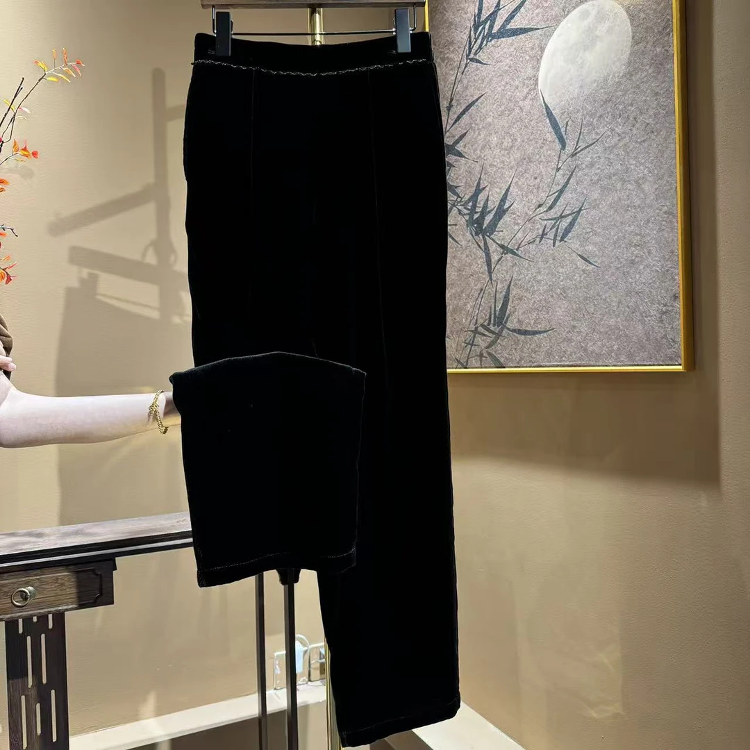 【嫚西妮】 高定新款100%桑蚕丝丝绒显瘦百搭加绒直筒裤       659