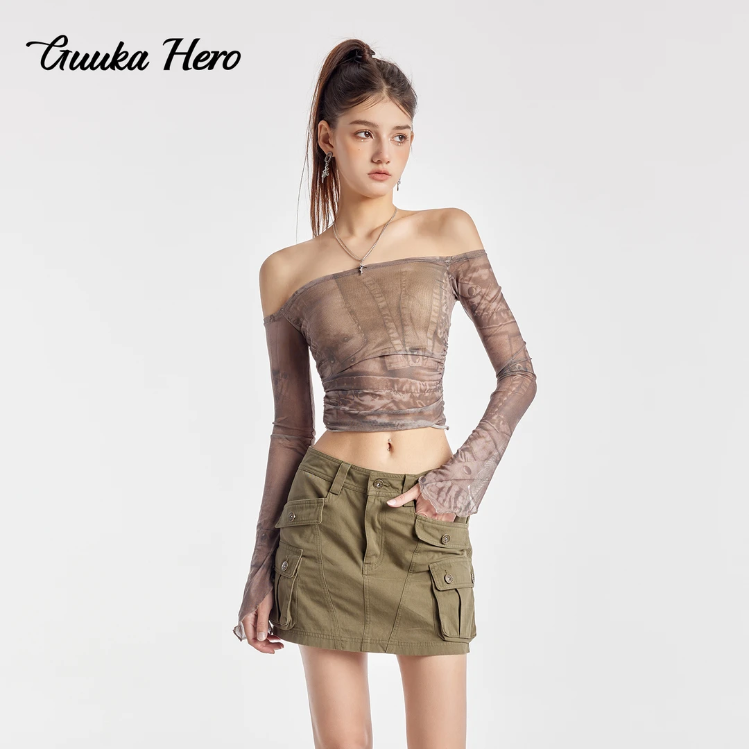 GUUKA HERO一字肩短款长T恤张南同款抹胸网纱上衣两件套T4610