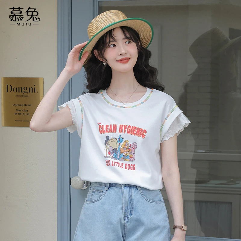 慕兔ins卡通印花白色t恤女2025夏季新款小个子蕾丝拼接飞飞袖上衣