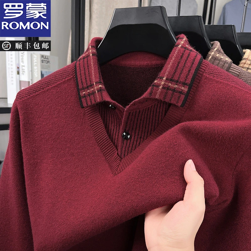 罗蒙男士红色毛衣秋冬新款加绒加厚保暖假两件翻领针织套头打底衫