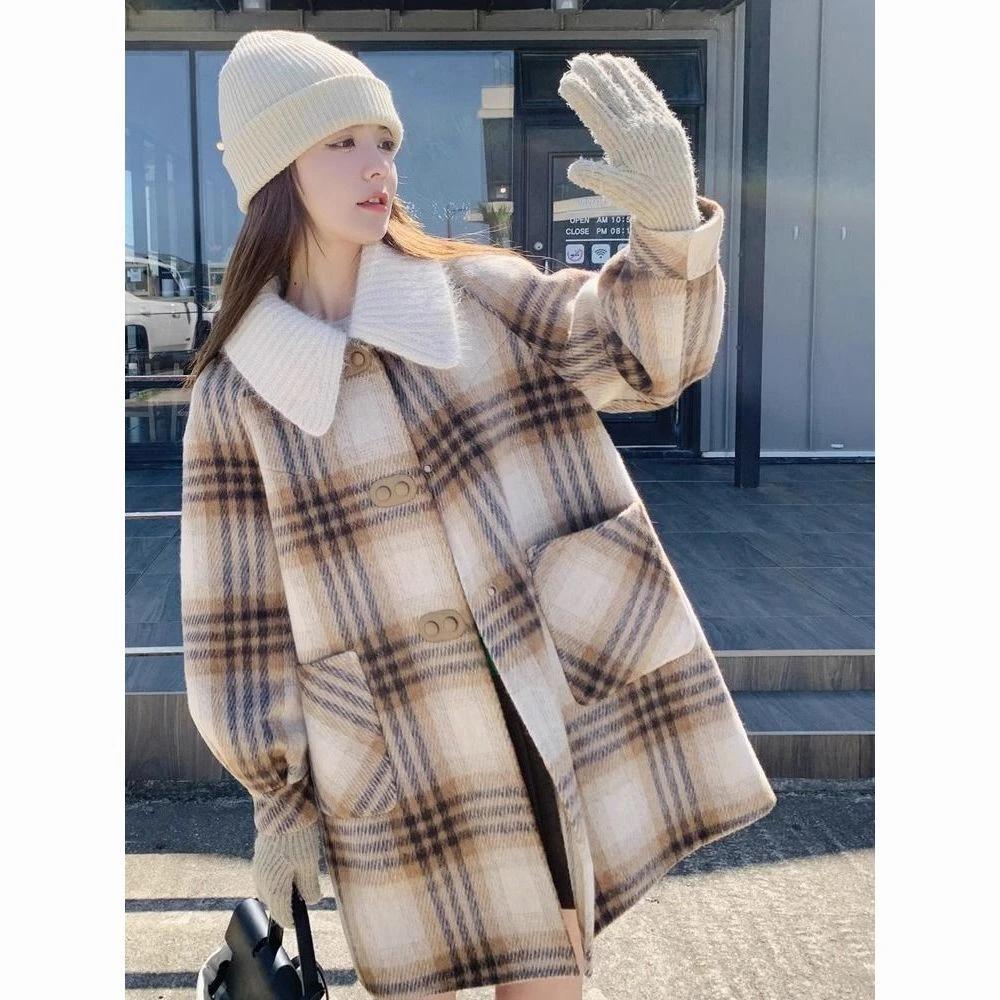 复古毛呢大衣女秋冬格子2025新款宽松加棉加厚中长款呢子外套上衣