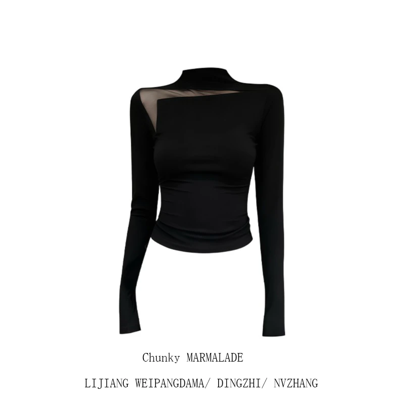 大码半高领网纱拼接黑色长袖T恤女秋季辣妹风显瘦设计感打底上衣