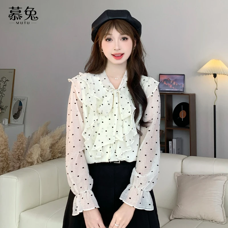 慕兔法式荷叶边波点雪纺衬衫女早春季2025新款设计感小众长袖上衣