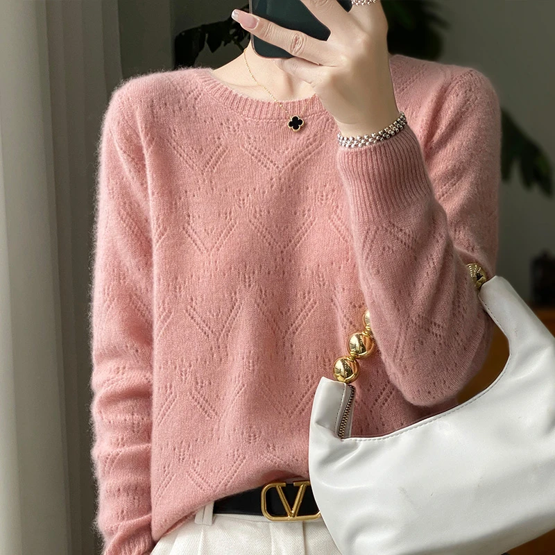 2024新款镂空绞花羊毛衫女圆领套头长袖针织衫时尚百搭宽松上衣