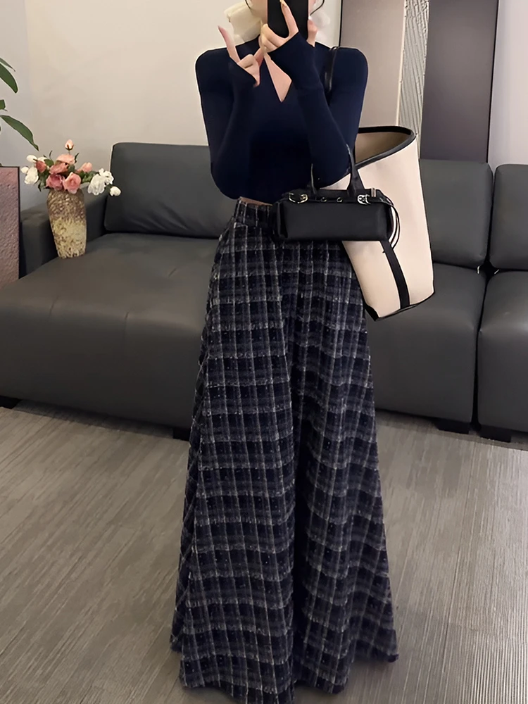 韩系温柔系V领显瘦长袖上衣格子半身裙两件套春秋韩系氛围感穿搭
