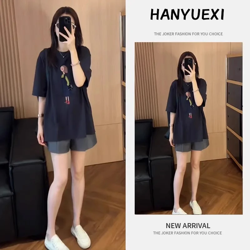 夏季搭配一整套高级感时尚卡通印花宽松T恤阔腿显瘦休闲短裤套装