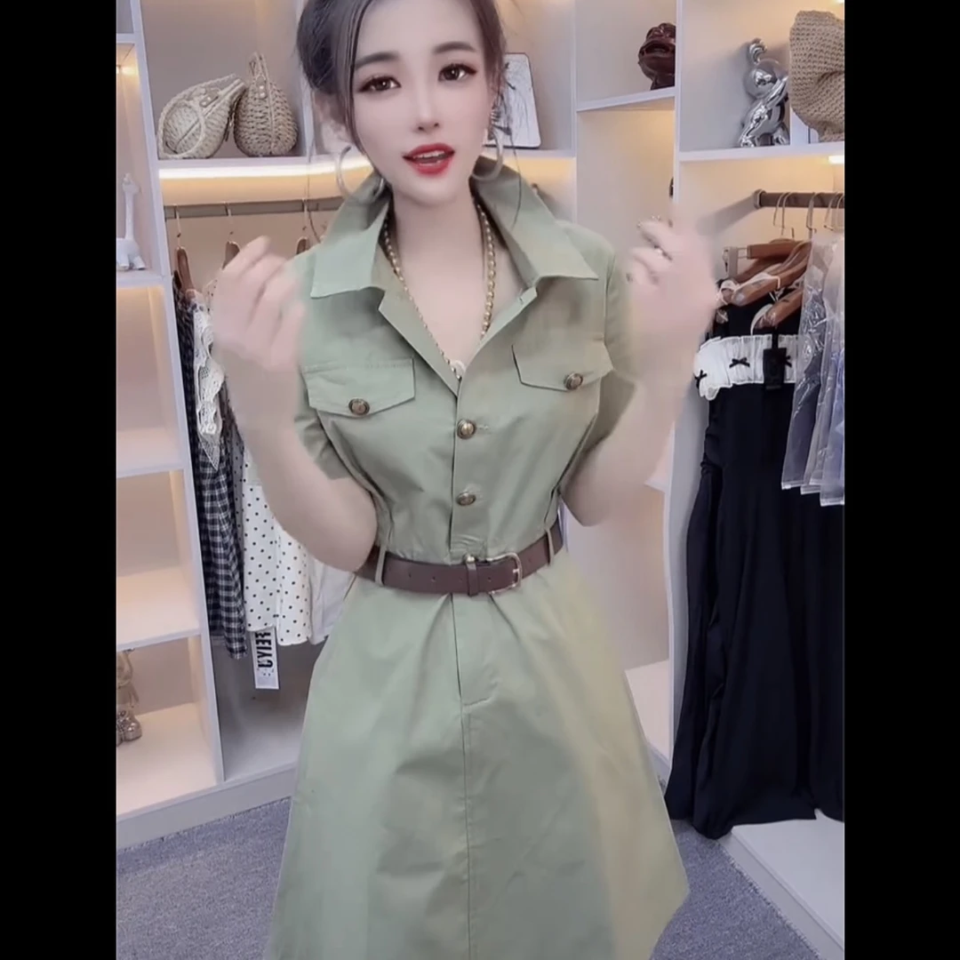 夏季短款Polo领法式工装连衣裙高级时尚收腰显瘦