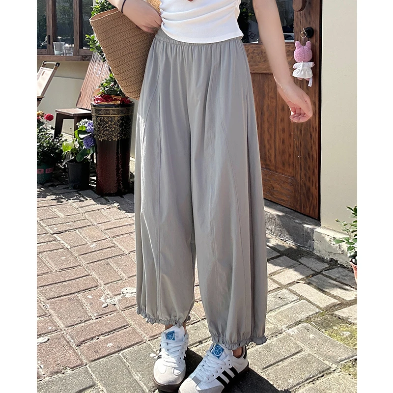 灰色新款韩系木耳边夏季薄款小个子高腰宽松休闲裤九分阔腿灯笼裤