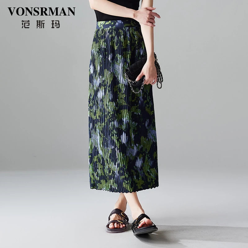 VONSRMAN2025夏季新款时尚宽松百搭高腰显瘦褶皱印花半身裙女长裙
