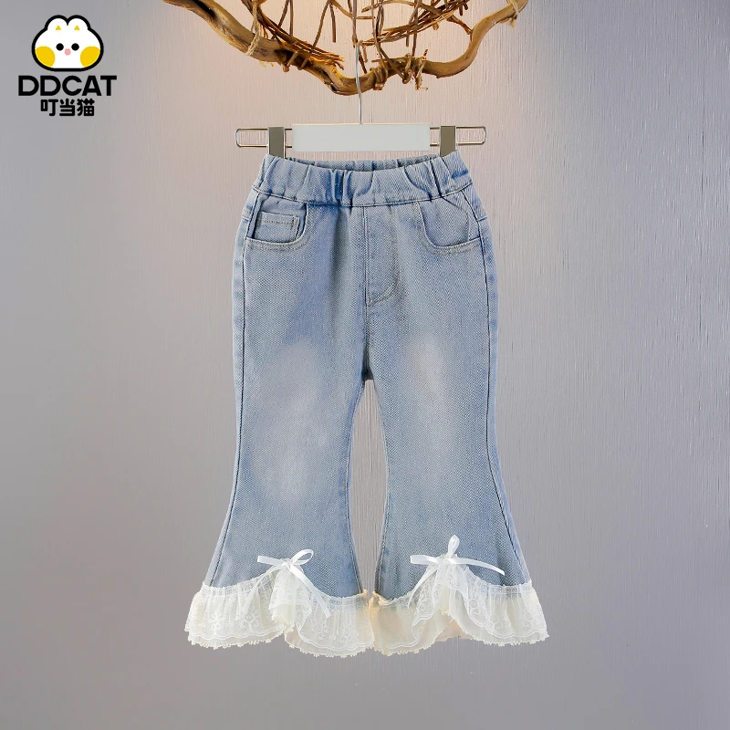 叮当猫女童牛仔裤洋气春秋儿童喇叭裤休闲外穿春装小童女宝宝裤子