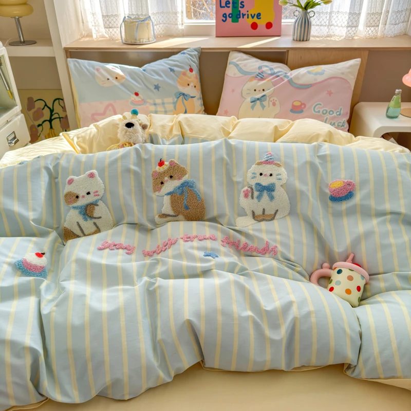 卡通风猫猫茶话会毛巾绣床上四件套纯棉100%全棉被套床单适合裸睡