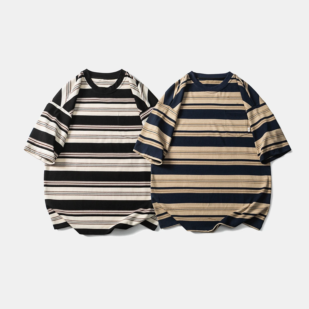 AJ989夏季新款时尚日系复古休闲百搭宽条纹青少年圆领短袖T恤