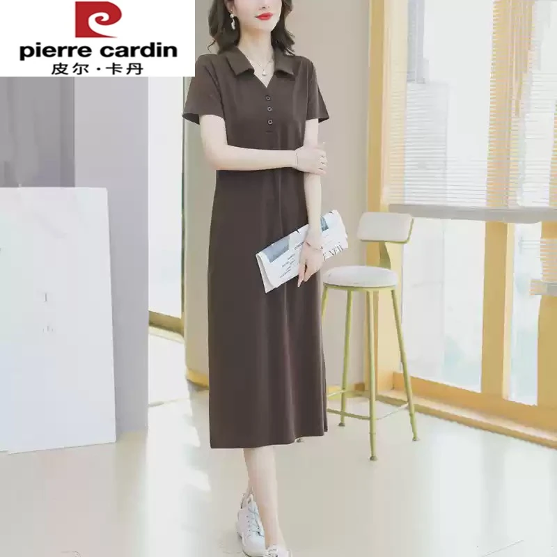 皮尔卡丹运动裙女连衣裙长款直筒宽松大码休闲短袖t恤polo裙夏季