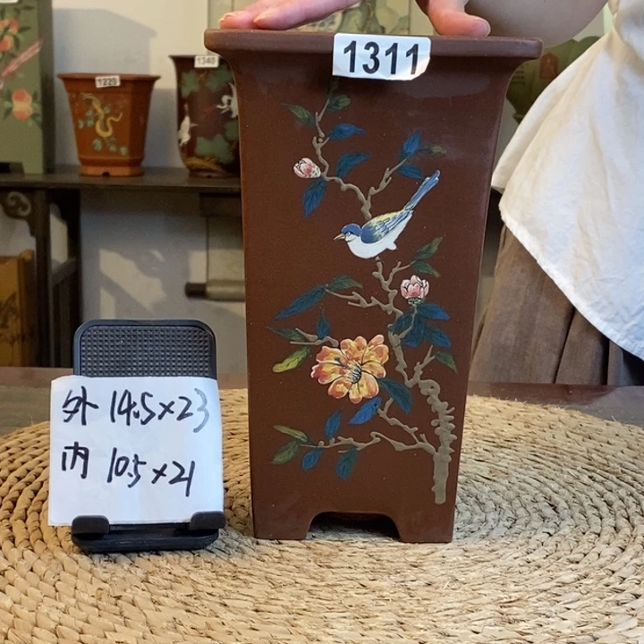 花盆紫砂 放漏紫泥彩绘四方签筒1311