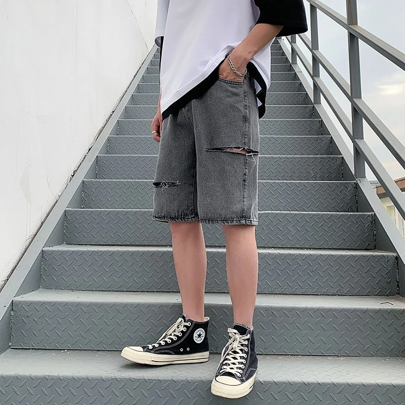 破洞牛仔短裤男夏季潮牌青少年过膝五分裤男款5分宽松男生中裤薄