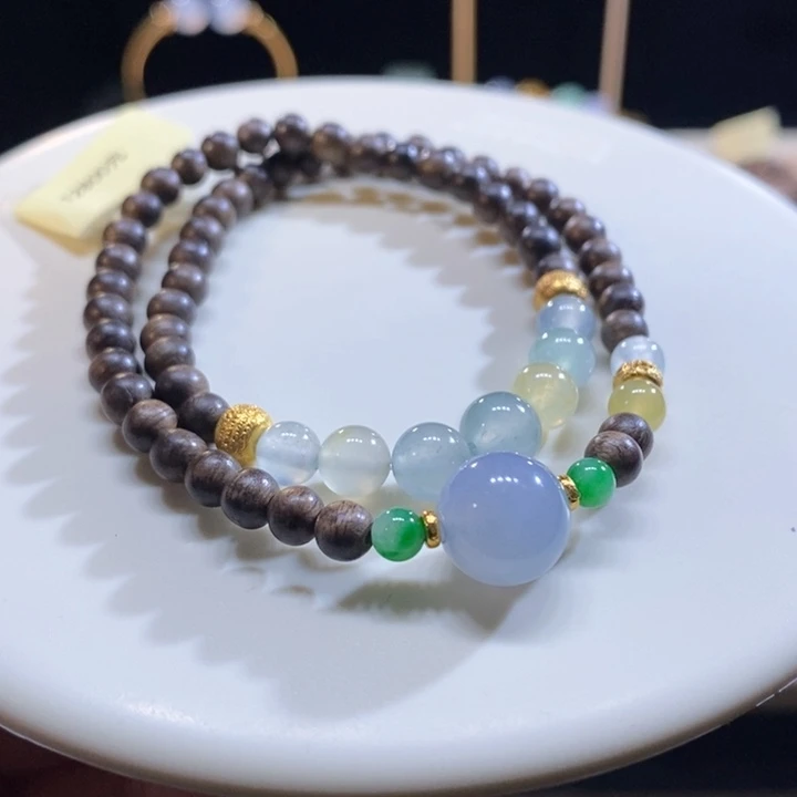 翡翠18K金镶嵌颈饰翡翠冰彩双圈手串