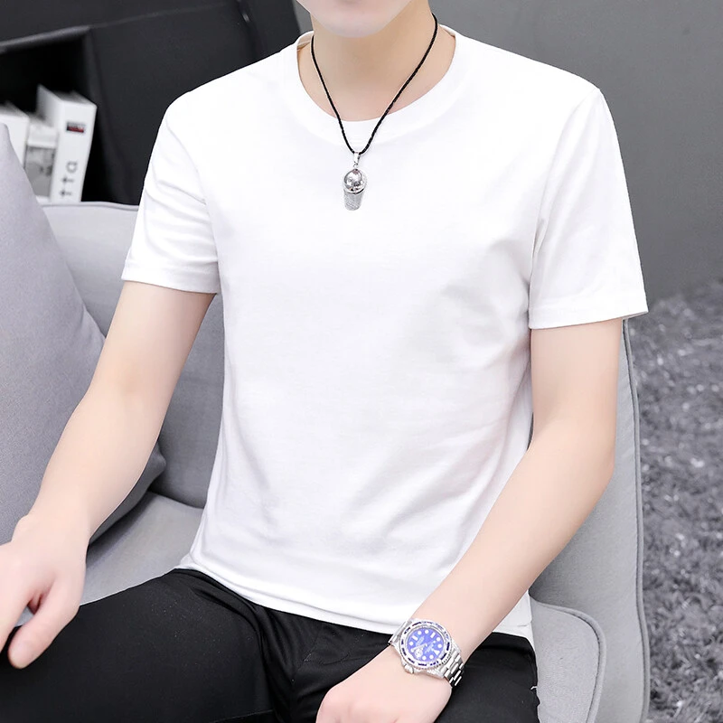 男士100棉纯棉夏季圆领T恤纯色显瘦柔软宽松休闲短袖大码T