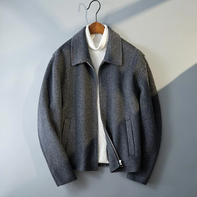 春秋季翻领双面羊毛呢大衣男士夹克短款非羊绒翻领宽松风衣外套男