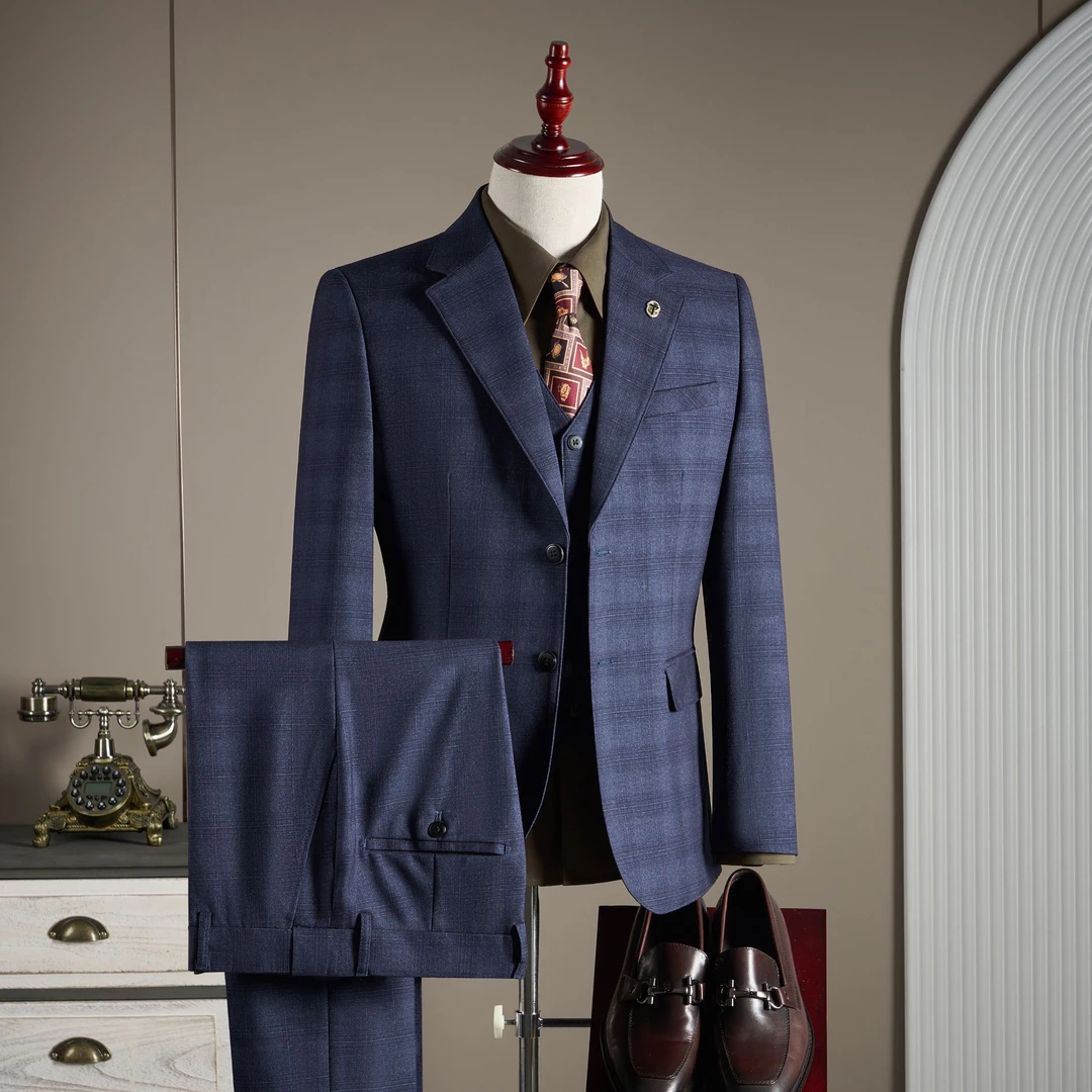 藏青色格纹西装套装高级感格子西服大码男士婚礼主持商务宴会礼服