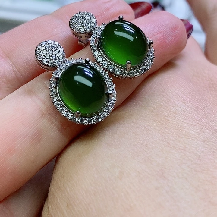 蛇纹石玉耳坠银S925镶嵌曹**运