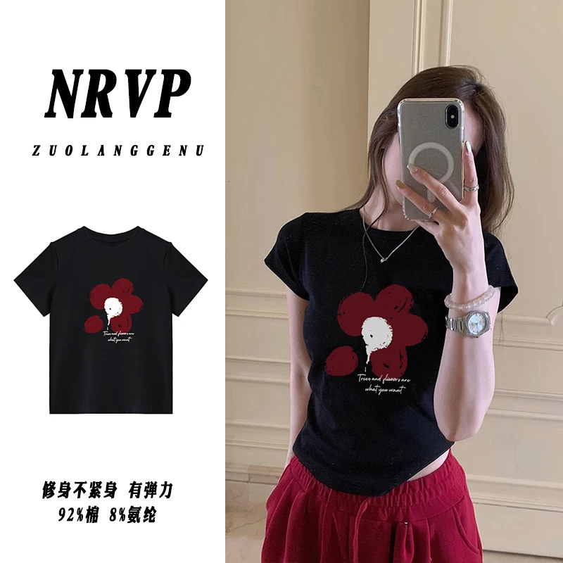 品质复古显瘦黑色短袖t恤女小众花朵洋气弹力修身内搭正肩上衣