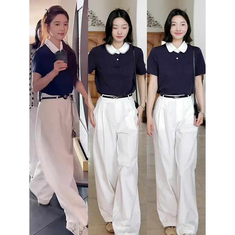 郭九九呢 纯棉拼接撞色polo衫短袖T恤简约百搭高腰裤 G925K05440