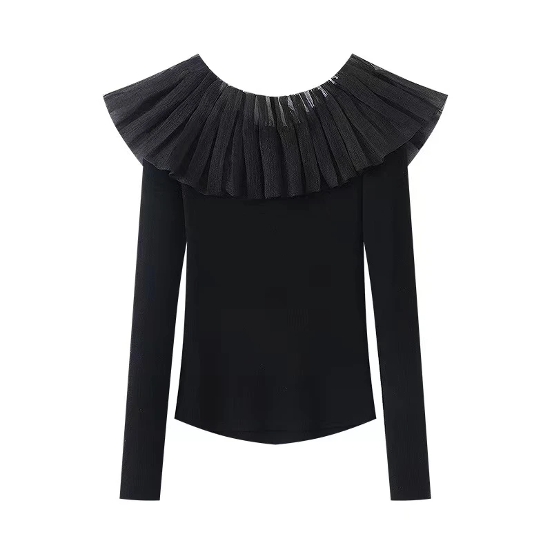 2025春装新款黑色针织衫设计师荷叶边气质8016女士