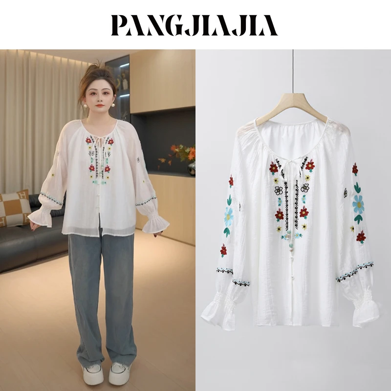 【胖佳佳】现货~仙小衫 刺绣衬衫秋季气质名族风长袖上衣H625Z14182