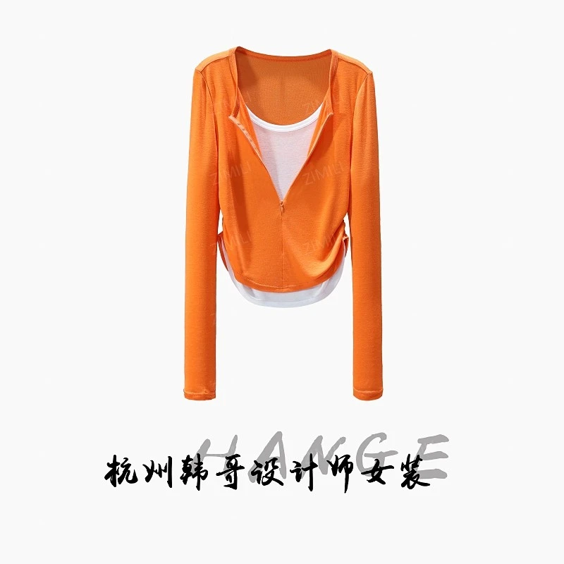 【韩哥女装】2025秋冬新品金莲花橙拼白色时尚高弹打底上衣10088