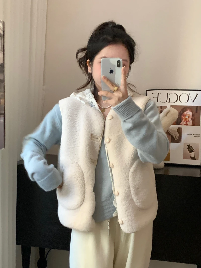 运费补贴小个子秋冬韩系甜美风软糯百搭羊羔毛马甲女皮毛一体马甲