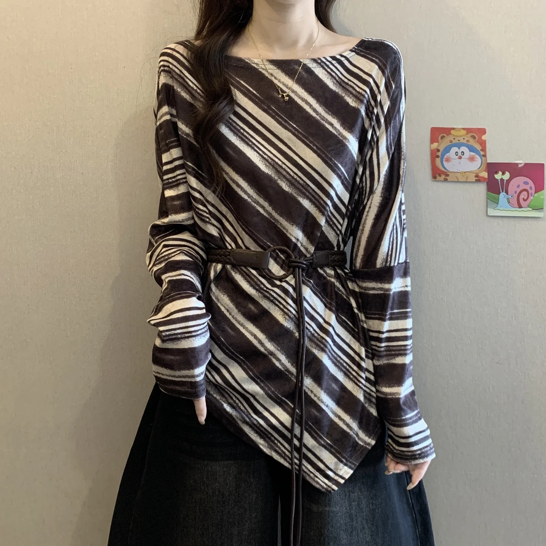 大码女装一字肩条纹长袖T恤衫女秋宽松显瘦休闲百搭打底衫上衣