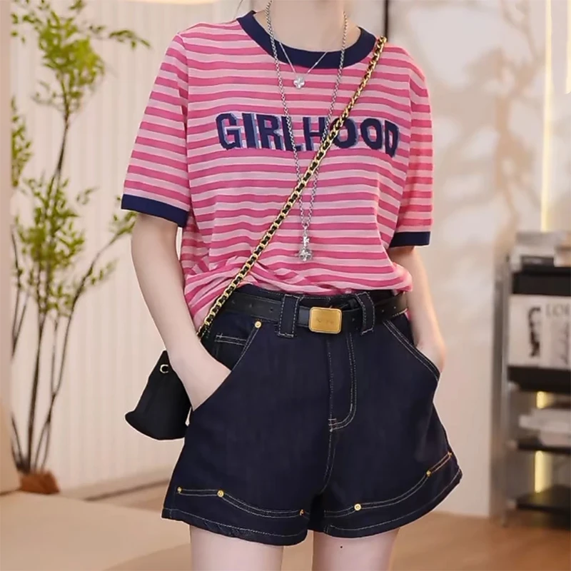 欧若风时尚撞色条纹短袖T恤女夏季2025年新款休闲宽松小众ins上衣
