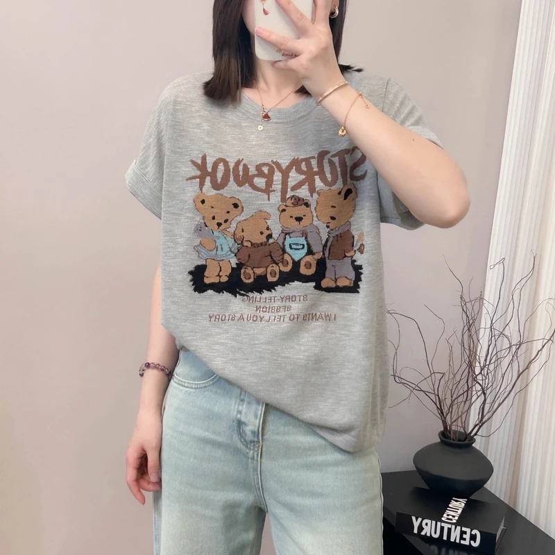 四只小熊字母提花圆领轻薄飞飞袖短袖防晒夏季新款宽松韩版T恤