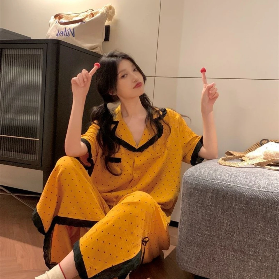 甜美蕾丝波点网红短袖长裤夏季薄款可外穿女款家居服睡衣