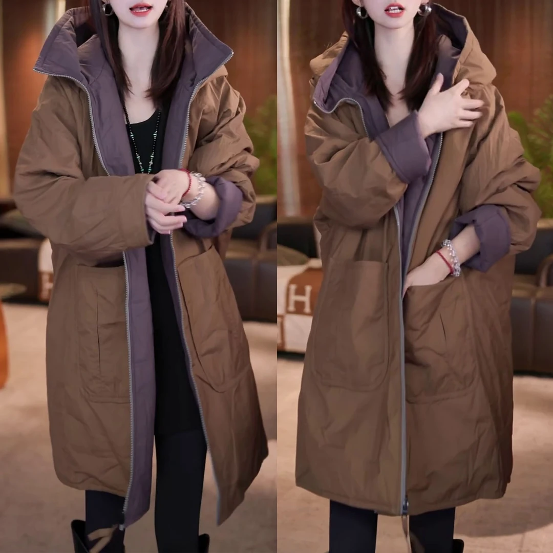 时尚休闲宽松显瘦加厚保暖棉衣2026秋冬季气质双面穿连帽棉服外套