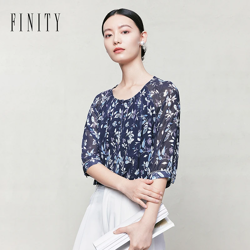 FINITY菲妮迪新款衬衫碎花气质时尚女士印花中袖休闲百搭宽松显瘦