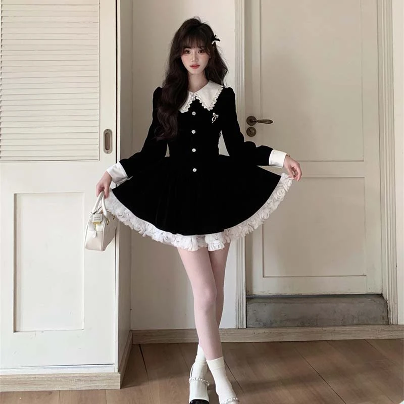 【潘潘】【有里布】法式黑色丝绒连衣裙女富家千金蕾丝小黑裙TX0194