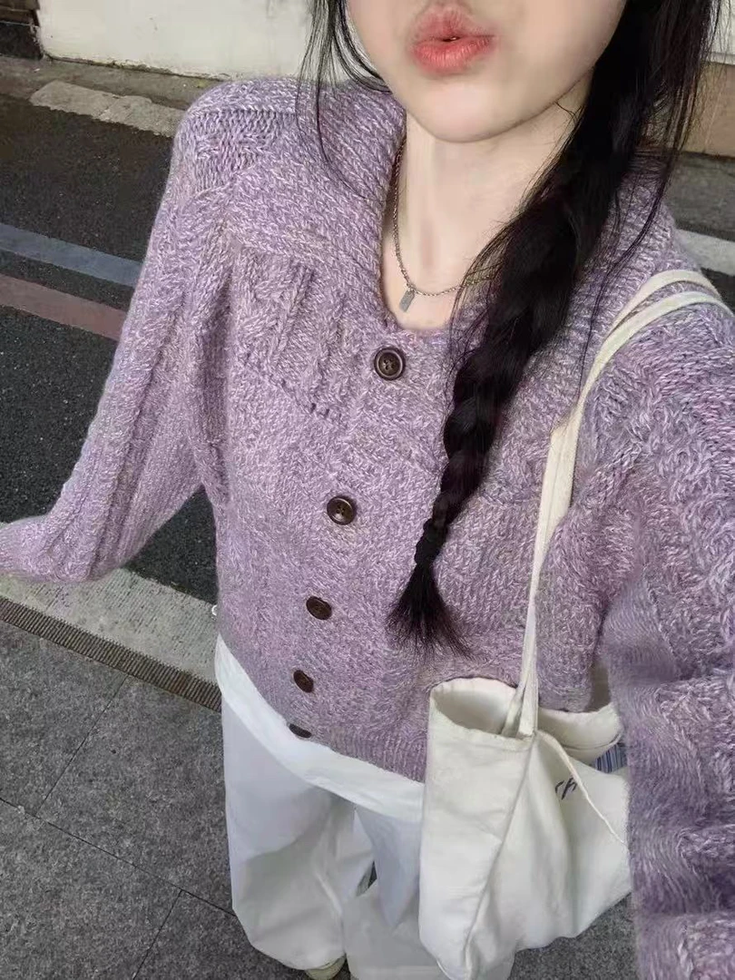 薄荷@10711 韩系简约百搭翻领肌理感毛衣开衫 9-13