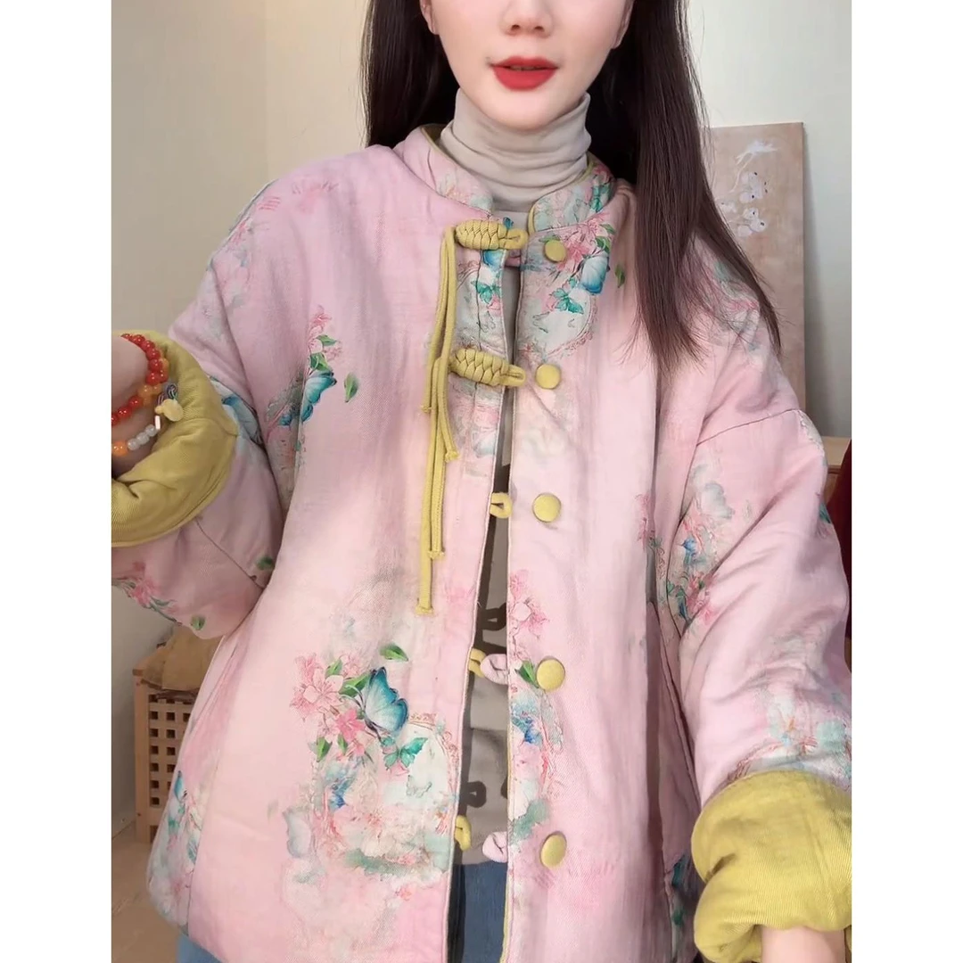 时尚洋气设计感双面穿保暖棉衣2025冬季新款新中式减龄印花棉服女