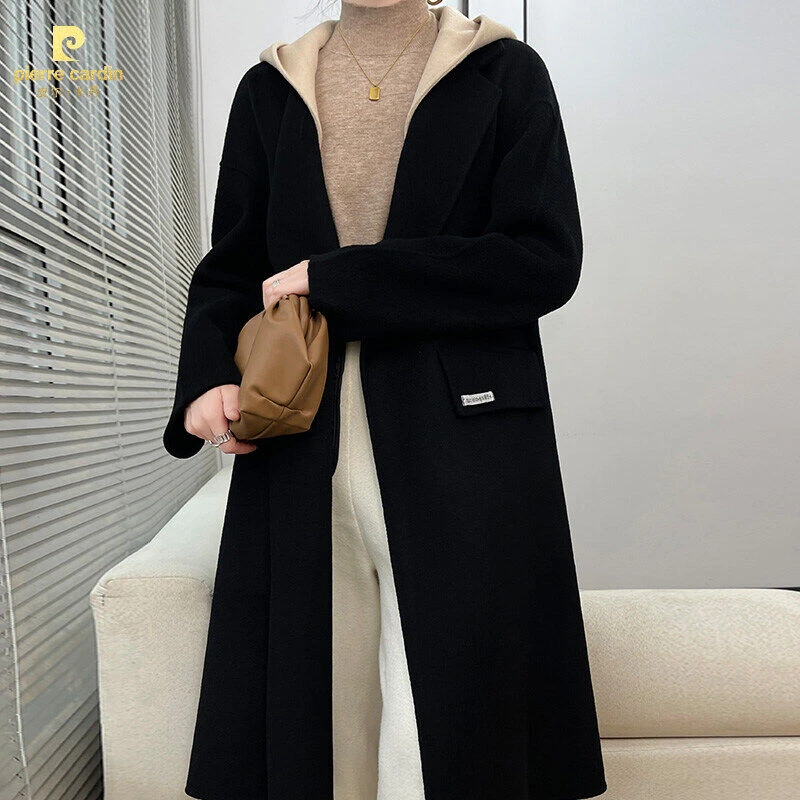 皮尔卡丹秋冬季轻奢女款纯羊毛双面呢中长款大衣休闲高级感时尚洋