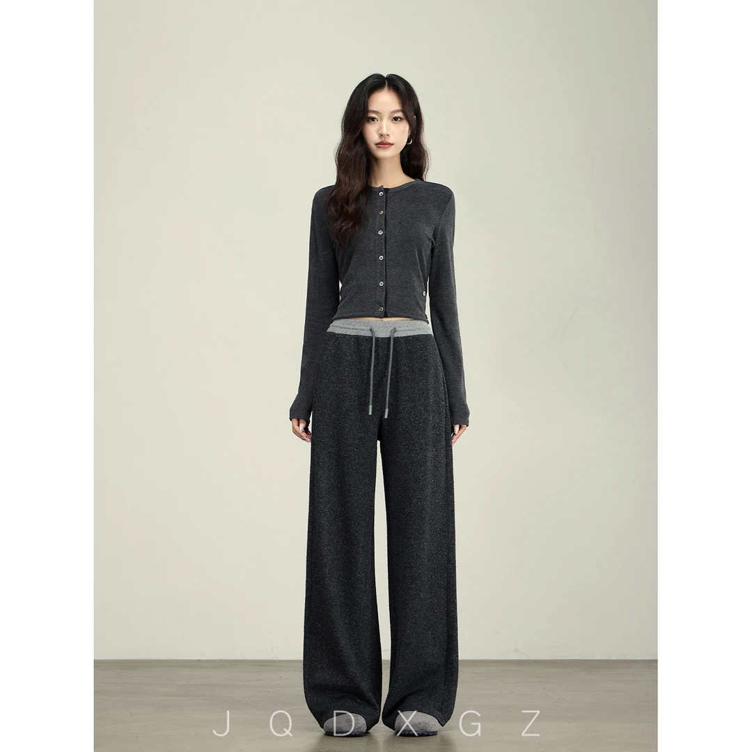 【七折】灰色拼接羊毛裤子显瘦休闲裤女秋冬宽松高腰直筒裤25DK8021