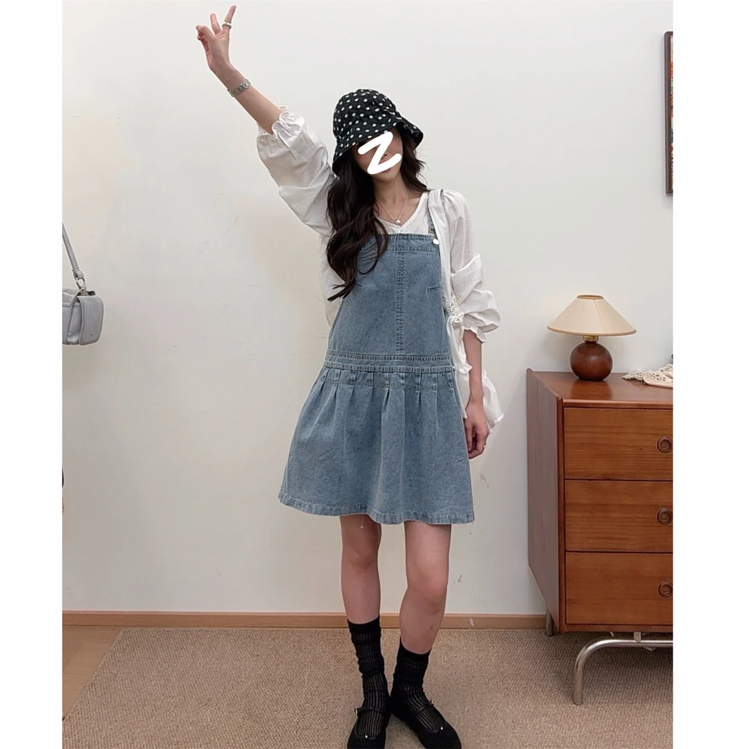 2025夏季新款可爱俏皮减龄A字显瘦百搭牛仔背带裙女收腰百褶短裙