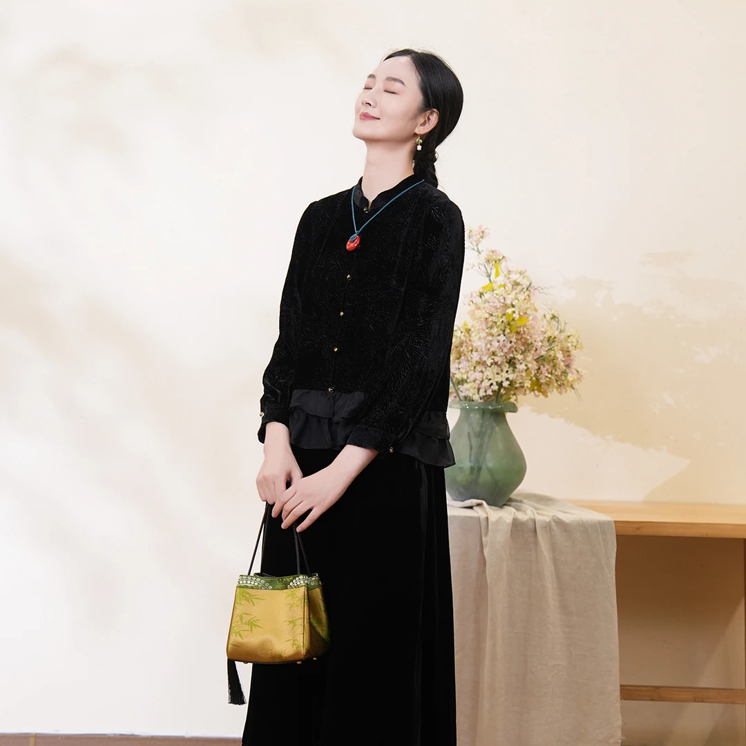 布符2025年春季新款永生花丝绒拼纱荷叶摆上衣舒适女士衬衫MCCX24