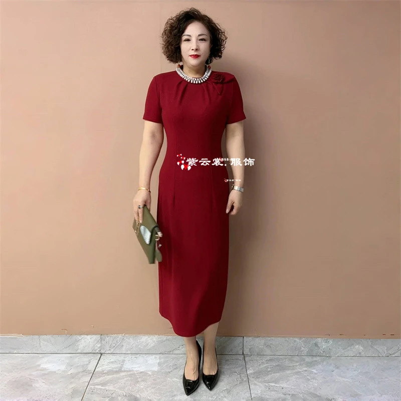 高端妈妈喜服喜婆婆婚宴装结婚礼服夏季短袖旗袍高贵年轻连衣裙女