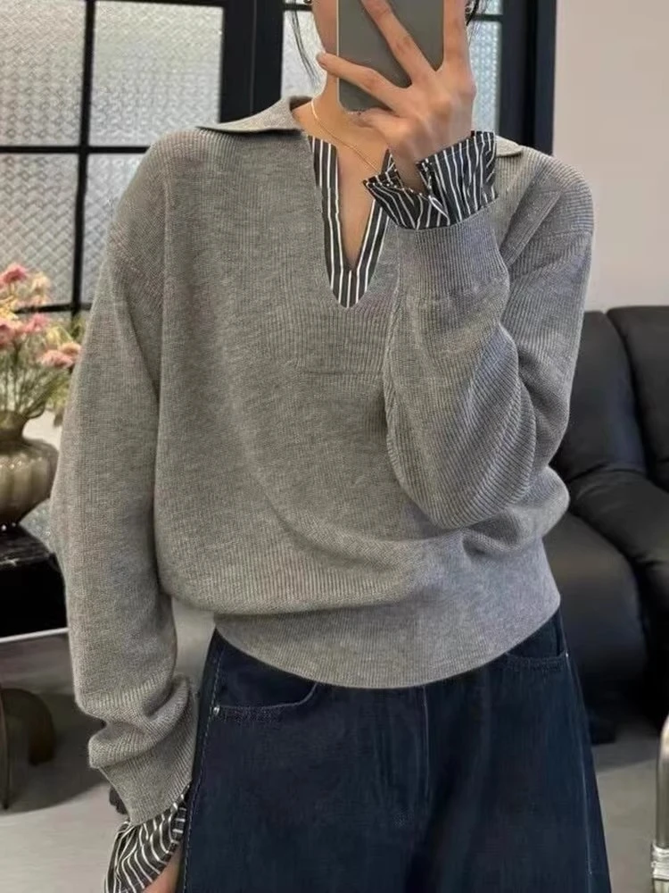 韩系假两件撞色拼接条纹针织衫女春季百搭显瘦设计感气质复古毛衣