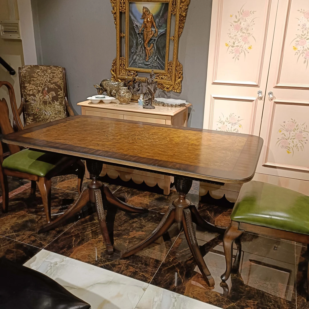 美式高奢实木雕花艺术拼花轻奢法式中式古典欧式餐桌160*90*75